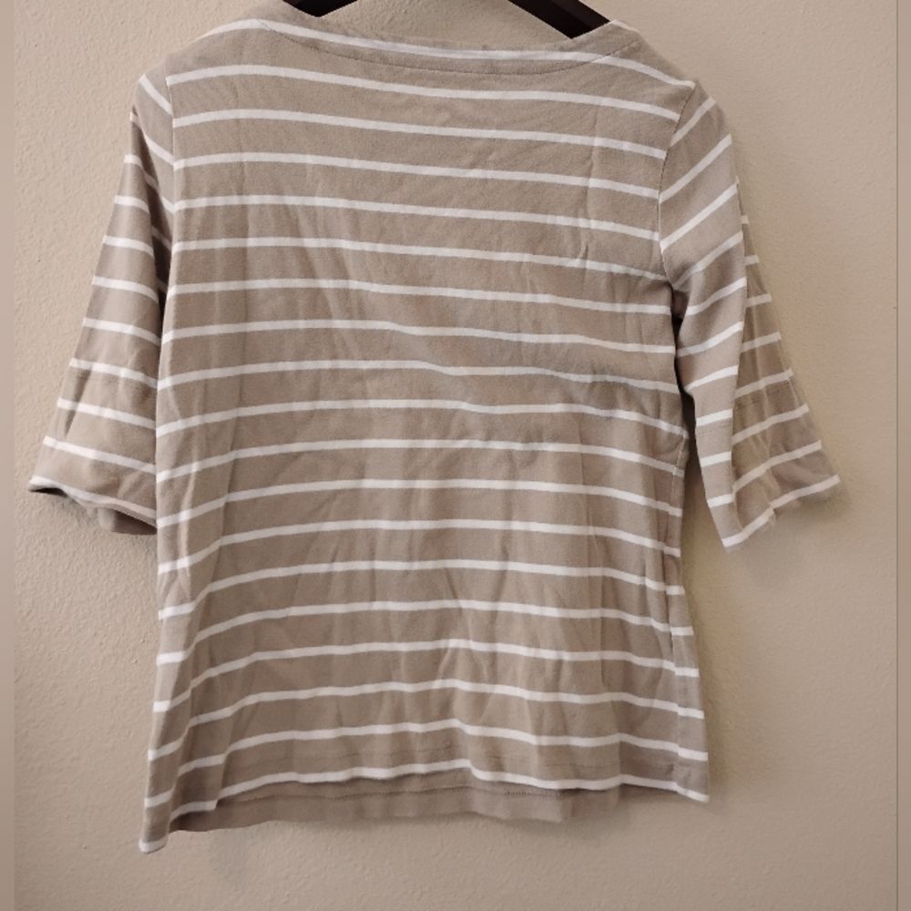 Beige & White Striped Knit Top  3/4 Sleeve Scoop Neck Size M Casual Basic - Picture 5 of 9